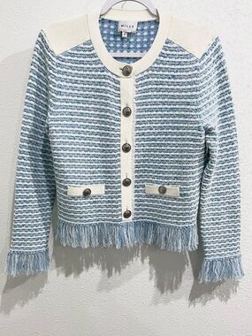 MILLY Tweed Frayed Button Cardigan Jacket Luxury Preppy Textured White Blue
